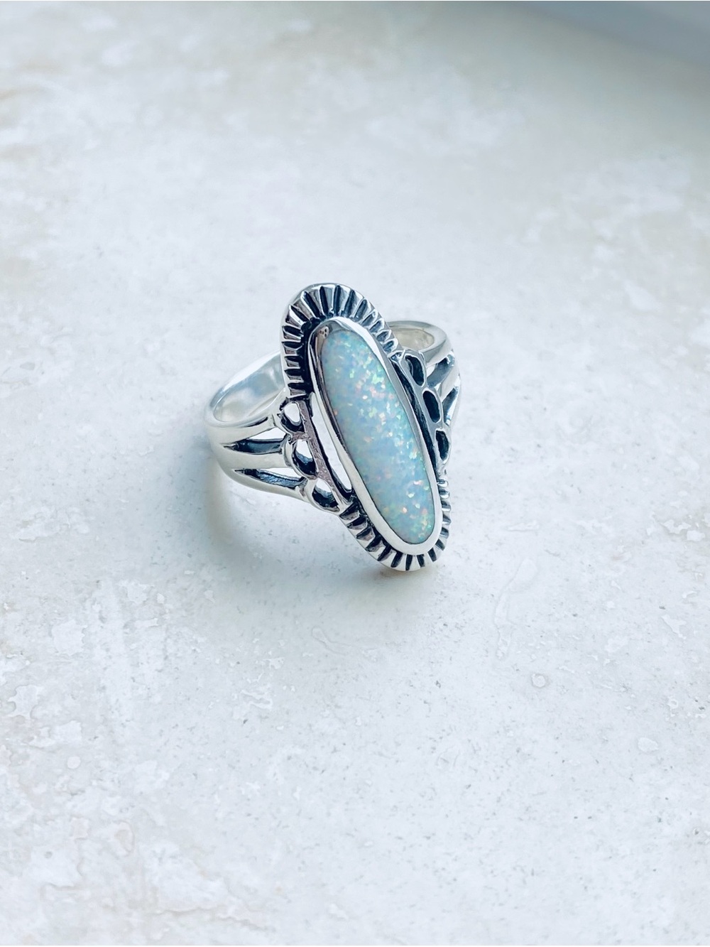 😍TOP SELLER😍 925 Silver Etched White Lab Opal Ring, Statement Boho Silver Rings - Picture 4 of 11